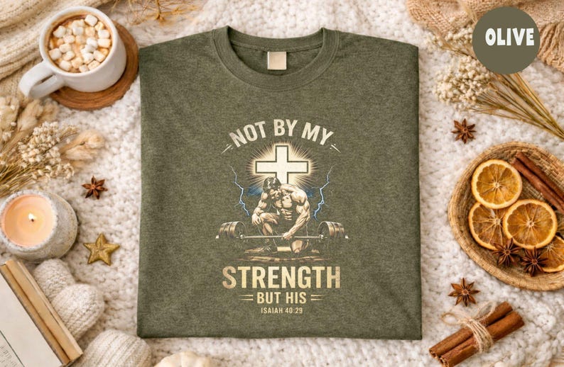 K&ouml;nnte beinhalten: Olivgr&uuml;nes T-Shirt mit einer Grafik eines Gewichthebers, der vor einem Kreuz kniet, mit dem Text "NOT BY MY STRENGTH BUT HIS Isaiah 40:29". Das T-Shirt ist aus einem weichen Material gefertigt.