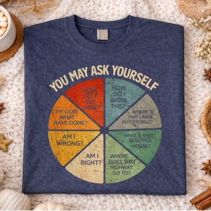 Puede incluir: Camiseta azul marino con el texto "YOU MAY ASK YOURSELF" sobre un diagrama circular con preguntas como "&iquest;C&oacute;mo llegu&eacute; aqu&iacute;?" y "&iquest;D&oacute;nde est&aacute; ese coche grande?"