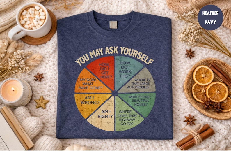 Puede incluir: Camiseta azul marino con el texto "YOU MAY ASK YOURSELF" sobre un diagrama circular con preguntas como "&iquest;C&oacute;mo llegu&eacute; aqu&iacute;?" y "&iquest;D&oacute;nde est&aacute; ese coche grande?"