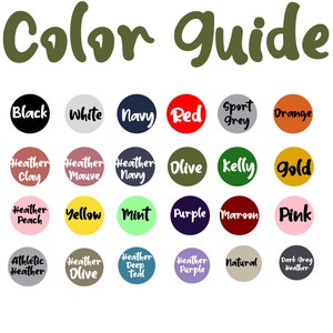May include: A colour guide with the text "Color Guide" in olive green script. Twenty-one colour swatches are displayed in circles, each labelled with a colour name, including Black, White, Navy, Red, and Orange.