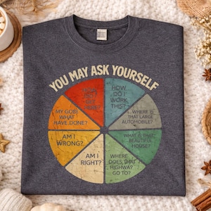 Puede incluir: Camiseta gris oscuro con el texto "YOU MAY ASK YOURSELF" y un diagrama circular con preguntas como "&iquest;C&oacute;mo hago esto?" y "&iquest;A d&oacute;nde va esa autopista?" La camiseta est&aacute; sobre una manta de punto blanca.