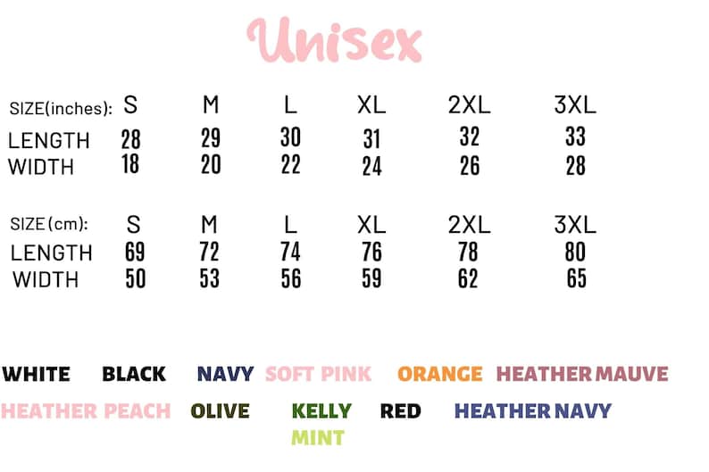 Peut inclure: Image pr&eacute;sentant des options de tailles et de couleurs pour un v&ecirc;tement unisexe. Les tailles vont de S &agrave; 3XL, avec des mesures de longueur de 69 &agrave; 80 cm et de largeur de 50 &agrave; 65 cm. Les options de couleurs incluent blanc, noir, marine, etc.