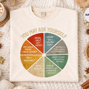 Puede incluir: Sudadera color crema con la frase "YOU MAY ASK YOURSELF" y un dise&ntilde;o de diagrama circular. El gr&aacute;fico incluye preguntas como "&iquest;C&oacute;mo llegu&eacute; aqu&iacute;?" y "&iquest;D&oacute;nde est&aacute; ese coche grande?" La palabra "NATURAL" est&aacute; en un c&iacute;rculo.