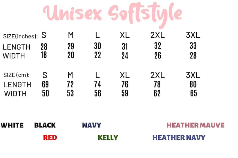 Puede incluir: Tabla de tallas para ropa Unisex Softstyle, con medidas en pulgadas y cent&iacute;metros. Tallas de la S a la 3XL, detallando largo y ancho. Colores disponibles: blanco, negro, rojo, marino, verde Kelly, malva jaspeado y marino jaspeado.