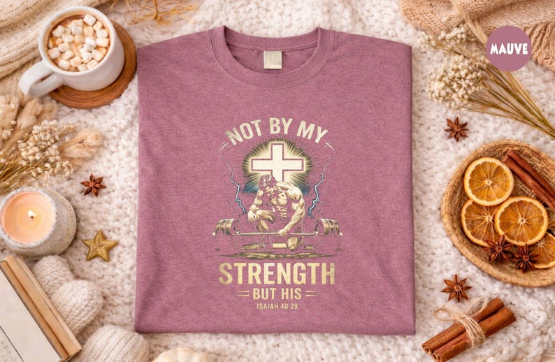 K&ouml;nnte beinhalten: Mauvefarbenes T-Shirt mit einem Grafikdesign, das ein Kreuz, einen Gewichtheber und den Text "NOT BY MY STRENGTH BUT HIS Isaiah 40:29" zeigt. Das Design ist in Gold und Wei&szlig; gehalten. Das Shirt wird auf einer strukturierten Oberfl&auml;che pr&auml;sentiert.