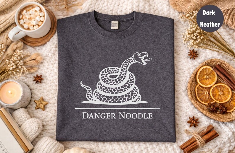 Peut inclure: Sweat-shirt gris chin&eacute; fonc&eacute; avec un motif blanc d'un serpent enroul&eacute;, la langue sortie. Le texte "DANGER NOODLE" est en dessous. Le sweat-shirt est pr&eacute;sent&eacute; sur une surface blanche textur&eacute;e avec des &eacute;l&eacute;ments d&eacute;coratifs.