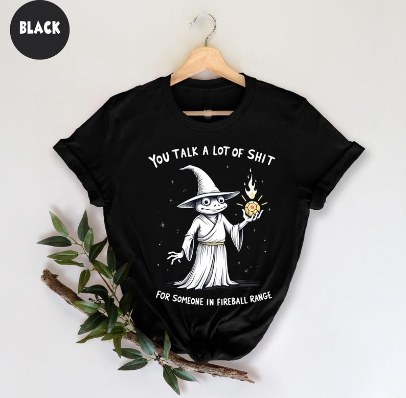 May include: Black t-shirt with a cartoon wizard frog design and the text "YOU TALK A LOT OF SHIT FOR SOMEONE IN FIREBALL RANGE." The frog is dressed in a white robe and hat, holding a glowing orb.