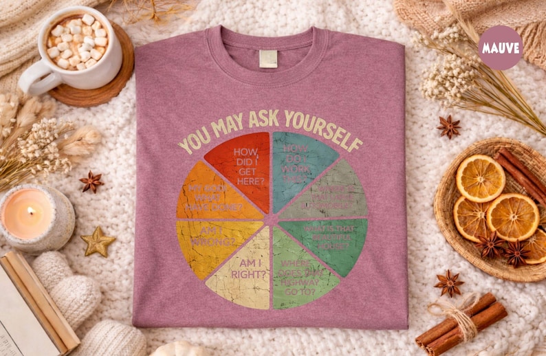 Puede incluir: Camiseta de color malva con el texto "YOU MAY ASK YOURSELF" sobre un dise&ntilde;o de diagrama circular. El gr&aacute;fico est&aacute; dividido en secciones con preguntas como "How did I get here?" y "Am I right?" La camiseta se muestra sobre una manta de punto blanca.