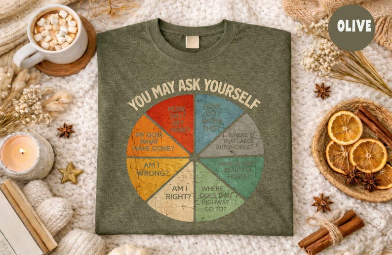 Puede incluir: Camiseta verde oliva con la frase "YOU MAY ASK YOURSELF" sobre un diagrama circular con preguntas en varios colores. El diagrama est&aacute; dividido en segmentos rojos, naranjas, amarillos, verdes, azules y grises. La camiseta est&aacute; sobre una superficie blanca texturizada.