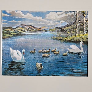 Vintage F Osborne foil art print 7.75in X 5.75in Swans pond scene