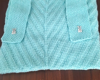 Aqua handknit baby car seat blanket