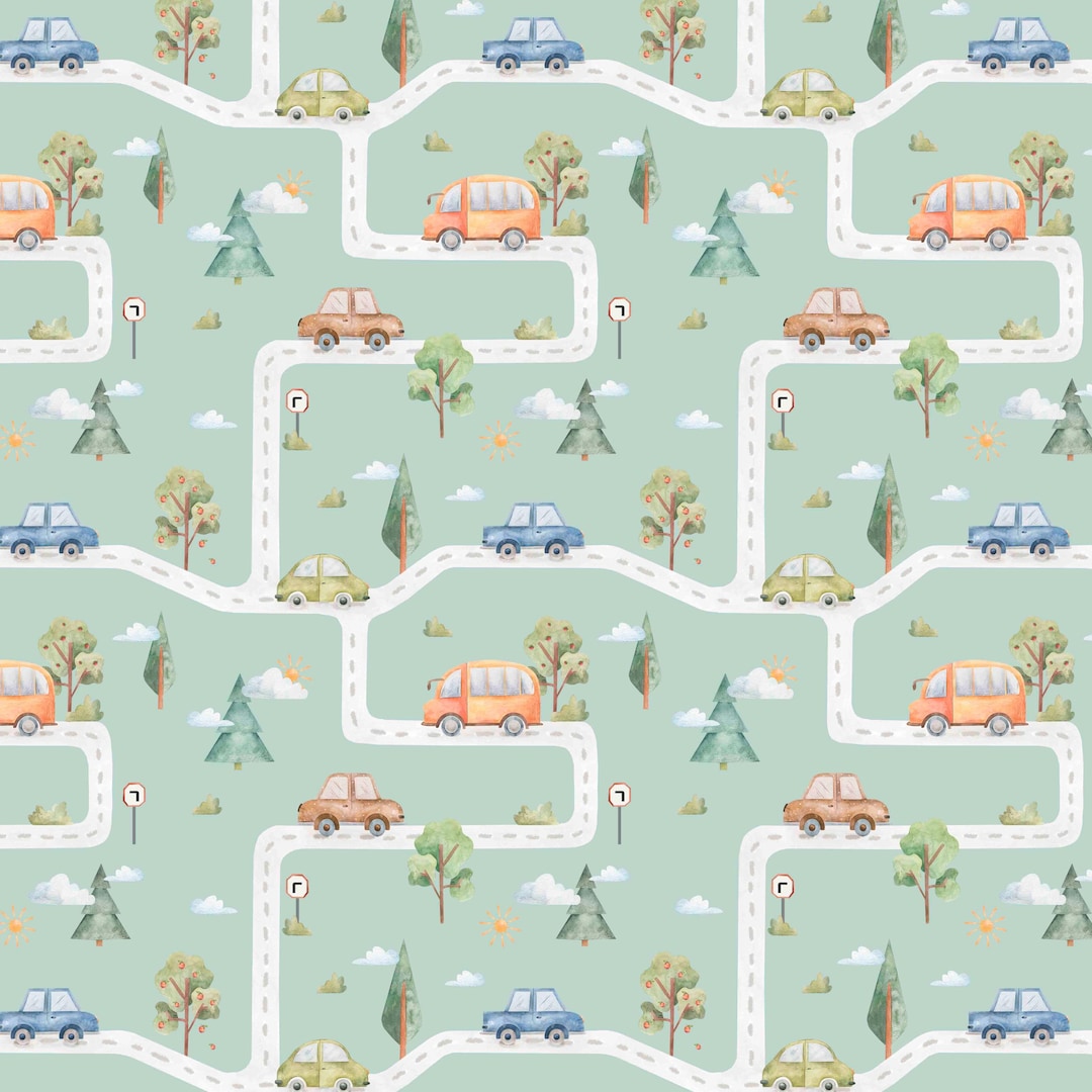 Digital Download Wallpaper With Print cars on the Road, Boys Room Wall ...