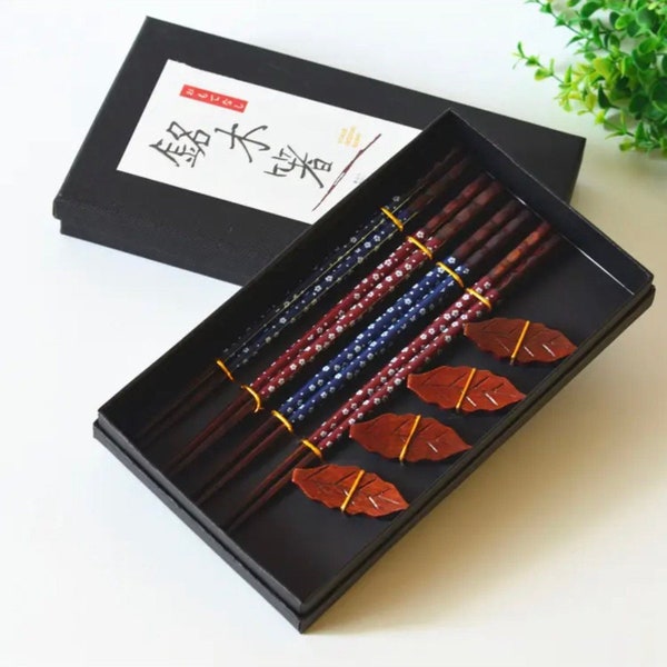 4 Sets of High Quality Natural Wooden Chopsticks With Chopstick Holders for Housewarming, Birthday & Events With Box