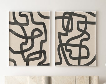 Ensemble de 2 estampes, TÉLÉCHARGEMENT INSTANTANÉ, Téléchargement numérique de formes abstraites, Lignes noires minimalistes modernes sur fond beige, Ensemble d'estampes