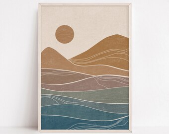 Abstract Sun and Mountain Art Print, Boho Landscape (Digital Poster)