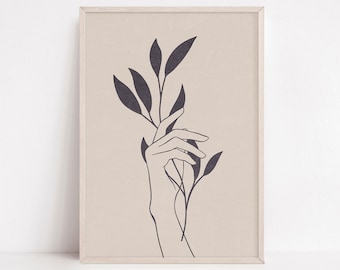 Stampa artistica botanica, mani femminili con foglie (download digitale)