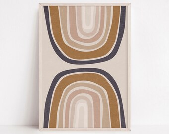 Póster imprimible geométrico moderno de mediados de siglo con estampado abstracto bohemio retro, arte de pared con arco iris, decoración de pared digital en tonos tierra neutros