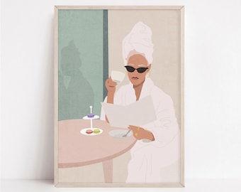 Coffee Time-kunstprint, vrouw in badjas, eclectisch muurdecor (digitale download)