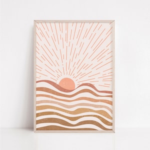 May include: Abstract art print featuring a stylized sunset over a landscape of wavy lines in shades of brown, orange, and pink.