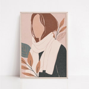 Boho Woman Art Print, Autumn Girl Wall Decor, Woman with Leaves Wall Poster, Modern Female with Scarf Print, Boho Fall Artwork