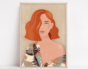 Boho Red Hair Woman Portrait Print, Eclectic Female Art (Digital Download)