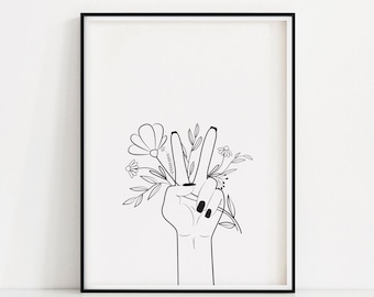 Floral Peace Sign Line Art Print (Digital Download)