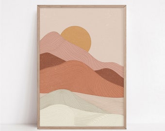 Puede incluir: Impresión de arte abstracto que presenta una puesta de sol sobre una cordillera. Las montañas se representan en tonos de rosa, naranja y marrón, con un gran sol amarillo en el cielo. La impresión tiene un estilo minimalista y sería una gran adición a cualquier hogar moderno.
