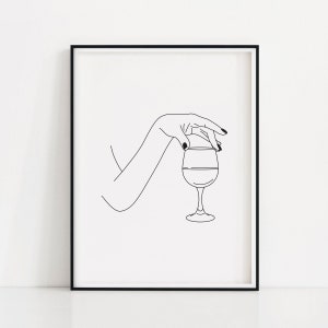 Wine Woman Art Print, Line Drawing Wine Glass, Wine Wall Poster, Female Drinking Wine Wall Art, Wine Lover Art