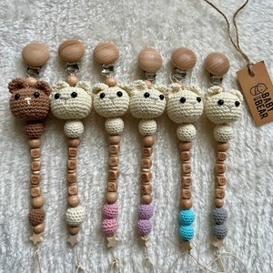 Personalised Dummy Clip Bear / Pacifier chain with name / Schnullerkette mit Name Bär/ Klip na dudlík se jménem medvidek