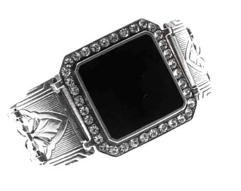 Art Deco Silver Bracelet with Swarovski Crystals and Onyx Panel