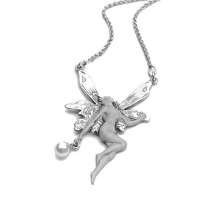 Art Nouveau Silver Fairy Necklace clasping a Pearl with Frosted Skin Tone Features