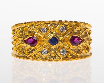 Byzantine Ring Silver or Gold K14 with Blue/Red/Green Stones