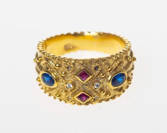 Byzantine Empire Ring with Square stones and Oval side stones made in Sterling Silver 925 and Yellow Gold K14 & K18