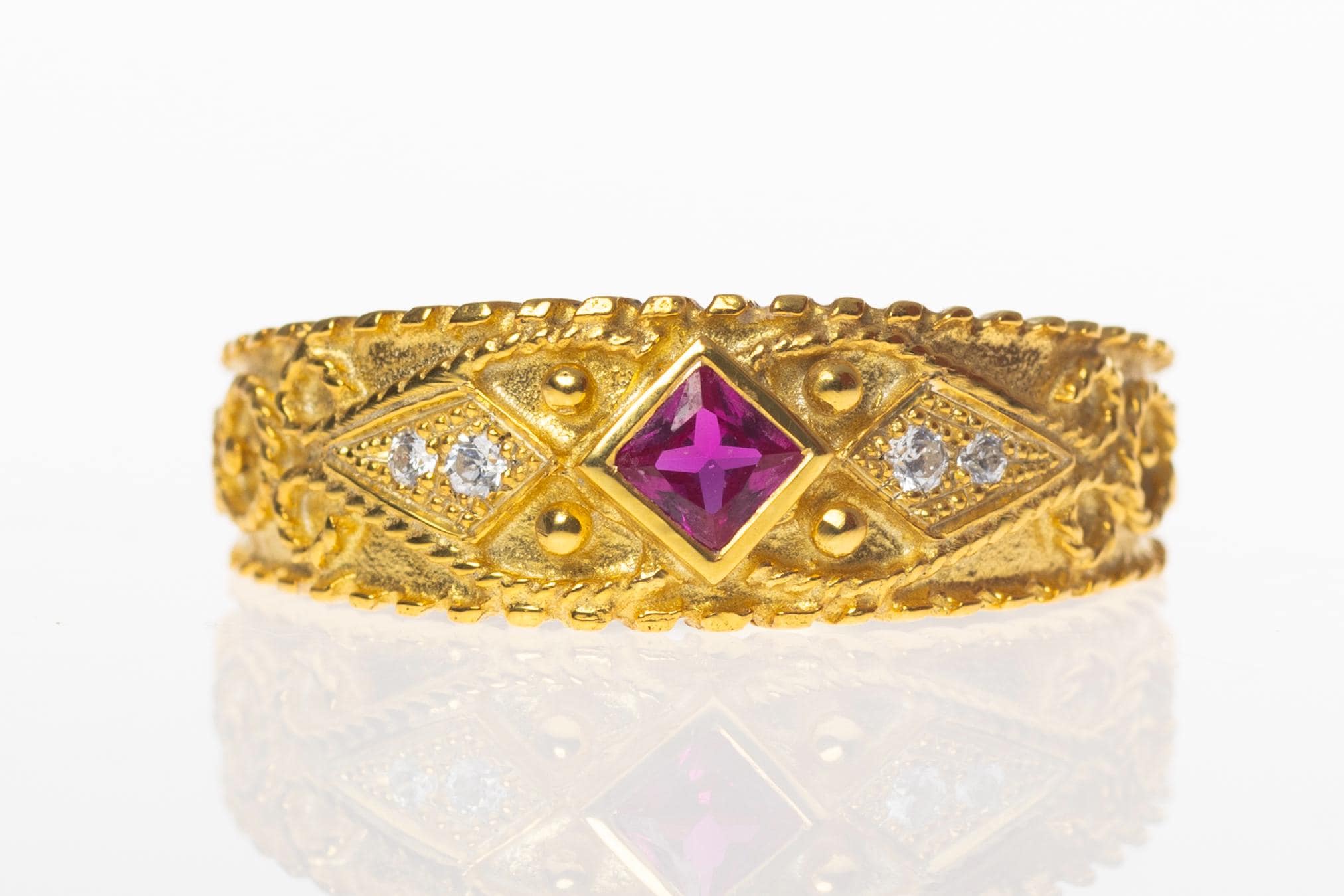 Traditional Byzantine Ring made of Silver or Gold with Square Blue/Red/Green Zircon Stone and White side Zircon Stones