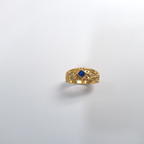 Traditional Byzantine Ring made of Silver or Gold with Square Blue/Red/Green Zircon Stone and White side Zircon Stones
