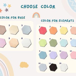 May include: Image showing color options for a product. The text "CHOOSE COLOR" is at the top. Below are hexagonal color swatches labeled "COLOR FOR BASE" and "COLOR FOR ELEMENTS". The base colors include shades of brown, blue, and white. The element colors include red, orange, and green.
