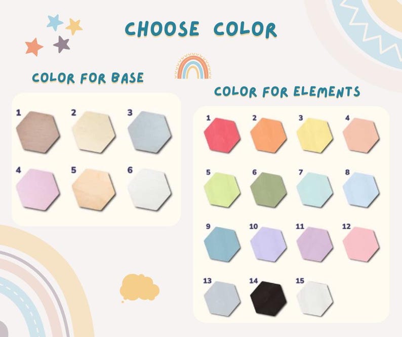 May include: Image showing color options for a product. The text "CHOOSE COLOR" is at the top. Below are hexagonal color swatches labeled "COLOR FOR BASE" and "COLOR FOR ELEMENTS". The base colors include shades of brown, blue, and white. The element colors include red, orange, and green.