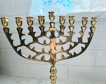 9 Candle Holder Solid Brass Patina Menorah Candle Holder - Approx 8" Vintage Solid Brass Menorah