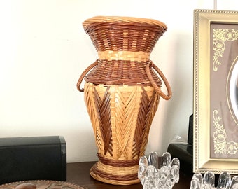Vintage Tall Braided Handwoven Natural Bamboo & Wicker Vase, Antique Natural Woven Wicker ~ Farmhouse, French Country, Bohemian Decor