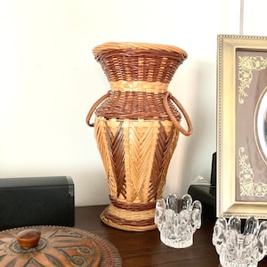 Vintage Tall Braided Handwoven Natural Bamboo & Wicker Vase, Antique Natural Woven Wicker ~ Farmhouse, French Country, Bohemian Decor