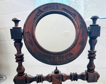 Antique Swerving Vanity Mirror -Folk Art Hand Carved Wooden Shaving Mirror