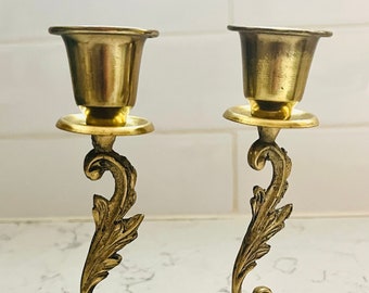 Vintage Pair of Solid Golden Brass Israel Taper Candle Holders