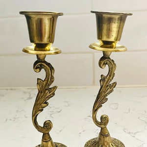 Vintage Pair of Solid Golden Brass Israel Taper Candle Holders image 1