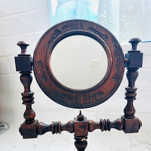 Antique Swerving Vanity Mirror Folk Art Hand Carved Wooden Shaving Mirror image 1