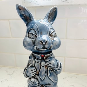 Vintage Hobbiest Container R Shipman Alice and Wonderland Rabbit with A Pocket Watch Handmade Pottery Signed by Alco image 1