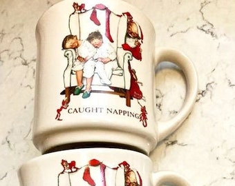 Set of 2 Vintage "Caught Napping" Hallmark Cards Mugs Circa 1980s, Antique Mugs Set for the Holidays