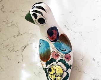 Mexican Hand Painted Ceramic White Bird Figuring, Colorful Floral Bird, Home Decor, Bird Lover, Vintage Figuring