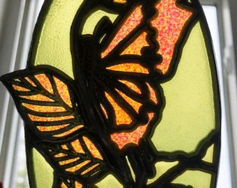 Vintage Handmade Oval Butterfly and Caterpillar Floral Stain Glass Suncatcher, Antique Handmade Stain Glass Oval Window Decoration