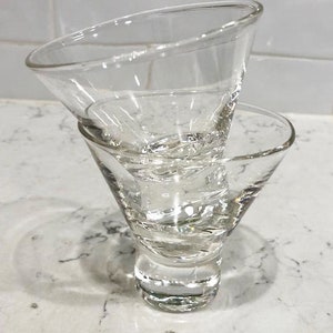 One Pair of Etched Discontinued Tanqueray Small Beautiful Clear Shiny Glass Cups Wine or Shots with Measurements