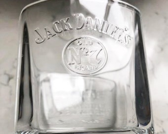 Rare Antique Glass Jack Daniels Whiskey Square Tumbler Embossed "Every Day We Make It" Ball Glass